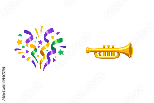 Colorful confetti and a trumpet in a celebration scene at a social