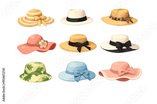 Different styles of hats displayed in a flat layout showing various