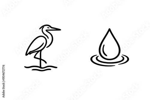 Heron stands on one leg near water while a droplet creates ripples