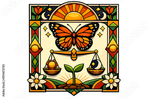 Butterfly with scales and sunrise in a decorative pattern showing