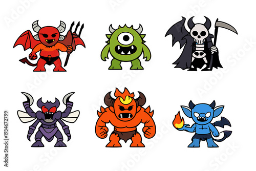 Cute cartoon monsters in different colors and poses with unique