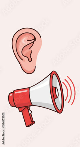 Communicating Loudly: An Ear Perceives Sound Waves Emitted From a Red Megaphone