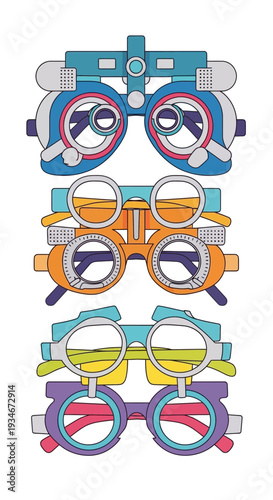 Colorful Spectacle Refraction Tools Arranged Vertically, Isolated on a Pure White Background