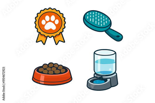 Items used for pet care including food bowl water dispenser grooming