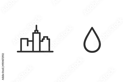 City skyline and water droplet symbol in black and white on a simple
