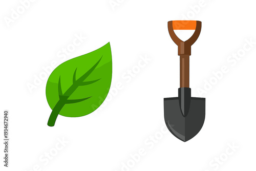 Gardening tools and plant leaf on a plain background during daytime