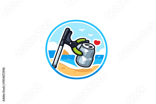 Clean up in beach area with a tool for collecting litter and removing