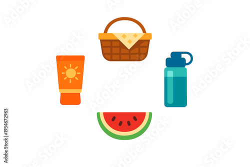 Gather items for a picnic with sunblock a basket a water bottle and a