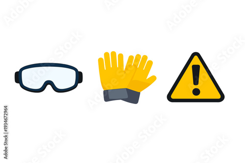 Safety gear including goggles gloves and caution sign displayed in a