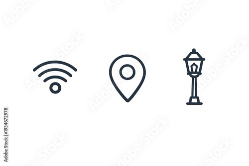 Icons representing wifi location and a streetlamp in a simple design