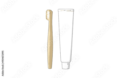 Natural toothbrush and toothpaste are displayed together on a plain
