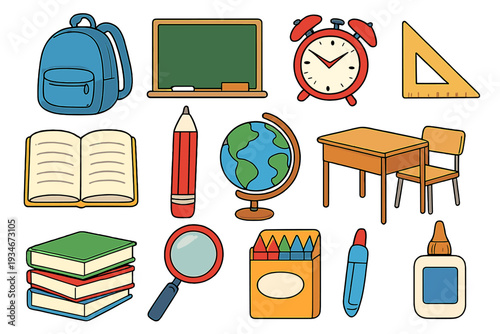 Items commonly found in a classroom setting for students and teachers