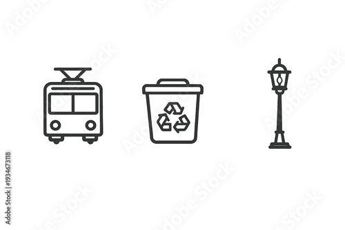 Train recycling bin and street lamp in a simple urban setting during