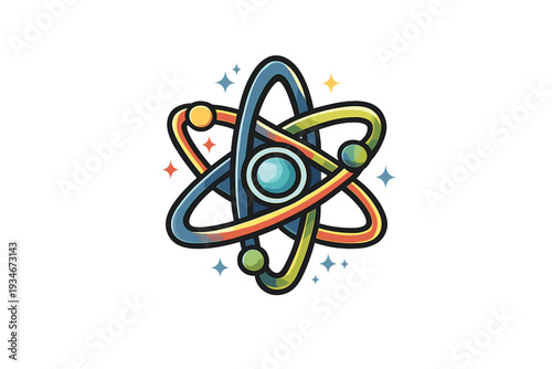 Science symbol showing an atom with colorful orbits and dots in a