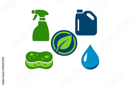 Cleaning supplies and eco-friendly symbols displayed together in a
