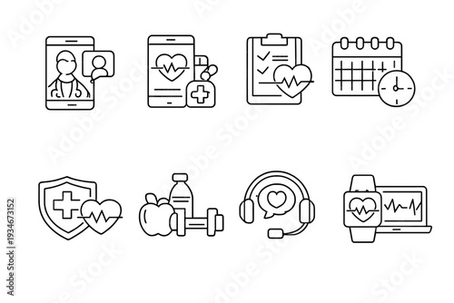 Icons showing telehealth health records fitness and medical services