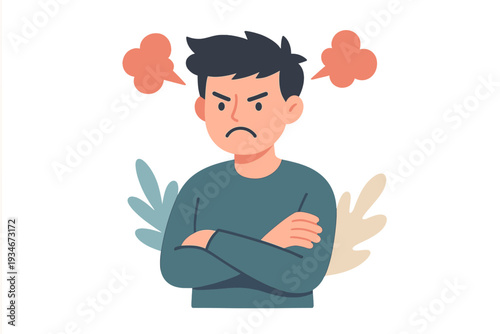 Young man showing anger with crossed arms and facial frown in a simple