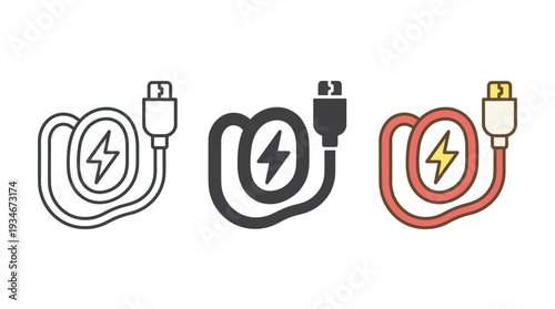 Electric Cable Icons with Lightning Bolt Symbol in Various Colors and Styles