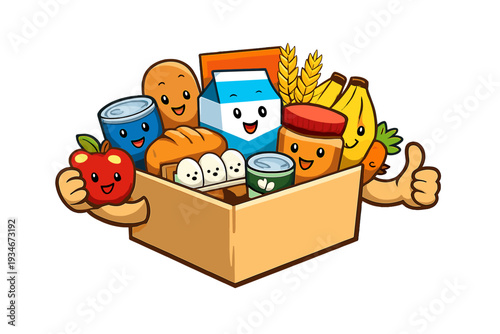 Carton with cheerful food items on display in a fun and colorful style