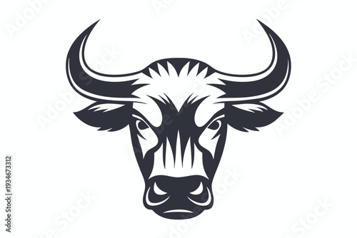 Intimidating black and white bull portrait displays fierce eyes and powerful horns clearly