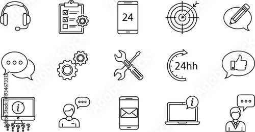 Mega Collection of Customer Support and Service Icons Featuring Headsets, Technical Gears, Mobile Help, Feedback Bubbles, Checklist, and 24h Assistance Symbols