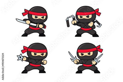 Cartoon ninjas in action with weapons and gear in four different poses