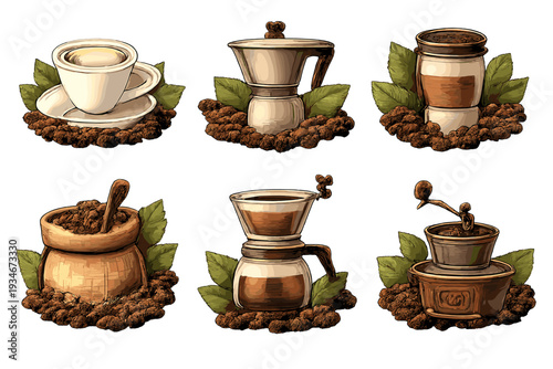 Different types of coffee brewing tools with coffee beans and leaves