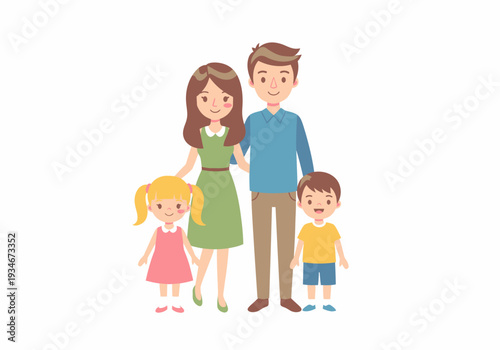 Happy Cartoon Family with Two Children.