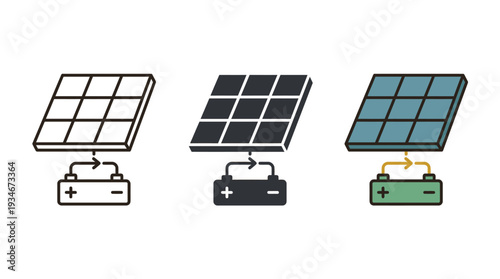 Solar Panels Charging Batteries in Different Styles Isolated on White