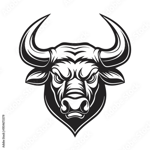 Intimidating black and white bull portrait displays fierce eyes and powerful horns clearly