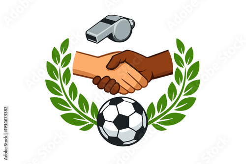 Handshake between players with a soccer ball whistle and laurel leaves