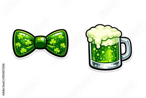 Green bow tie and mug of beer celebrate St. Patrick's Day fun with