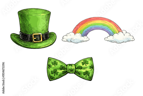 Green hat bow tie and rainbow with clouds in a festive celebration