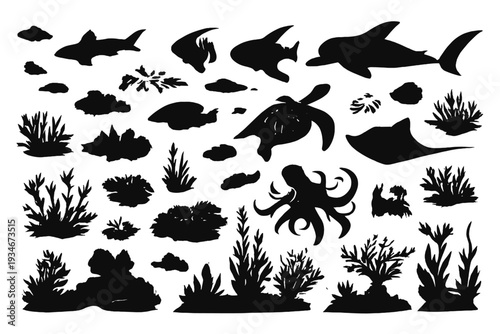Underwater scene with marine animals and plants in black silhouette on