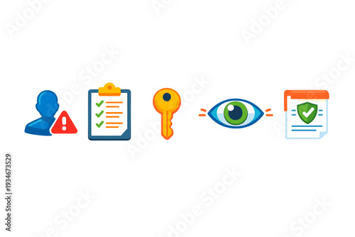 Security and safety checklist with icons of a person clipboard key eye