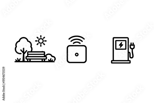 Nature scene with bench and tree next to charging station and wifi