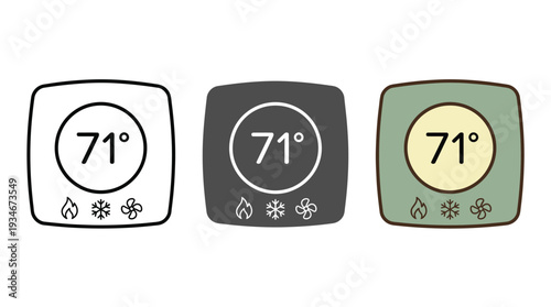 Thermostat Icons Showing 71 Degrees Temperature in Different Colors and Styles