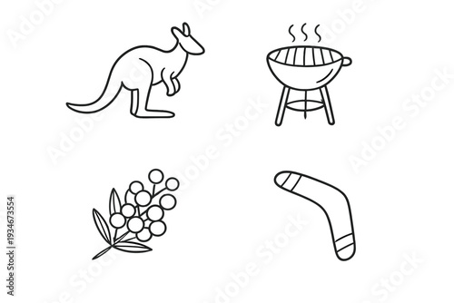 Kangaroo and barbecue with boomerang and flowers in a simple line