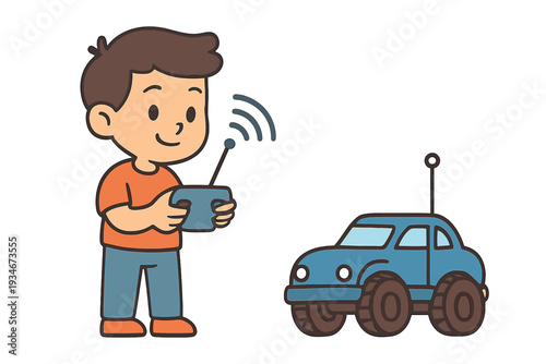 Boy controls a toy car with a remote in a living room setting during a