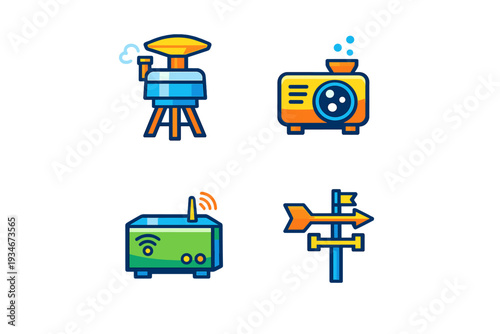 Different types of electronic devices and equipment arranged in a grid