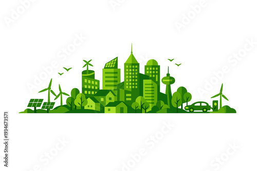 Urban landscape with buildings wind turbines trees and solar panels in
