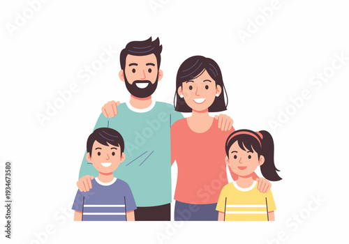 Happy Cartoon Family with Two Children.