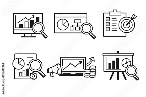 Charts and graphs on screens show data analysis and research methods