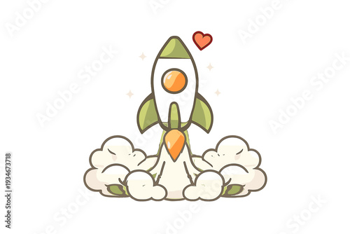 Rocket launches with smoke and heart symbol in a simple design