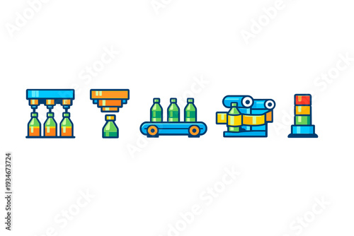 Bottling process in a factory with machines filling and packaging