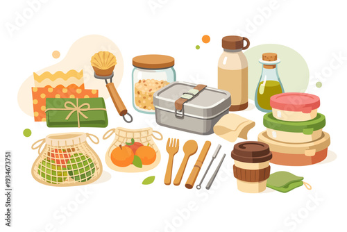 Lunch preparation with containers snacks and drink items arranged on a