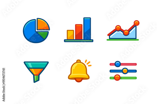 Chart and graph icons show data analysis tools for presentations and
