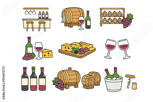 Wine tasting experience with bottles glasses cheese and barrels in a