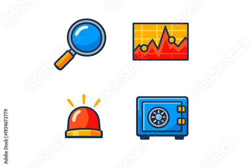Icons showing tools and symbols used in investigation and security