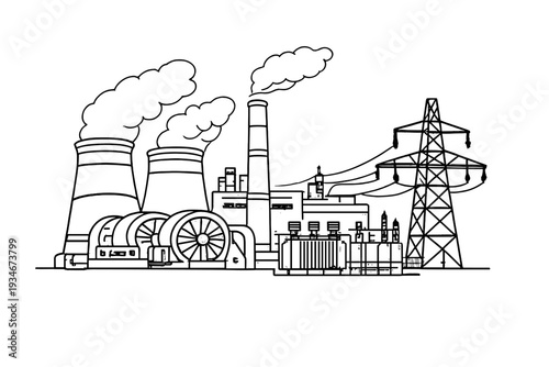 Industrial power plant with cooling towers generators and power lines